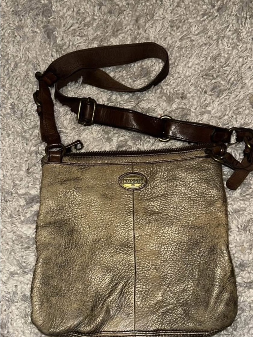 Fossil Brown Metallic Leather Shoulder Bag with Brass Logo